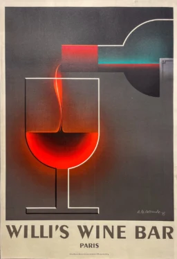 AFFICHES ORIGINALES - Tourisme - Willi&rsquo;s Wine Bar, Paris – A.M Cassandre – re.1984