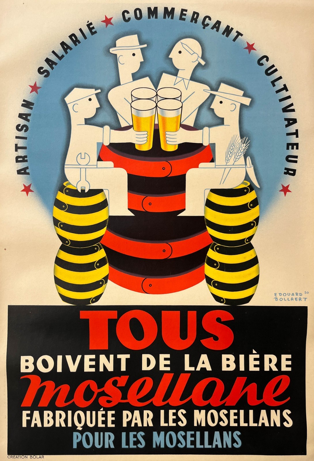 AFFICHES ORIGINALES - Publicité - Affiche Ancienne Originale – Bière Mosellane – Edouard Bollaert – 1950